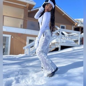 slick gray and white snow pants